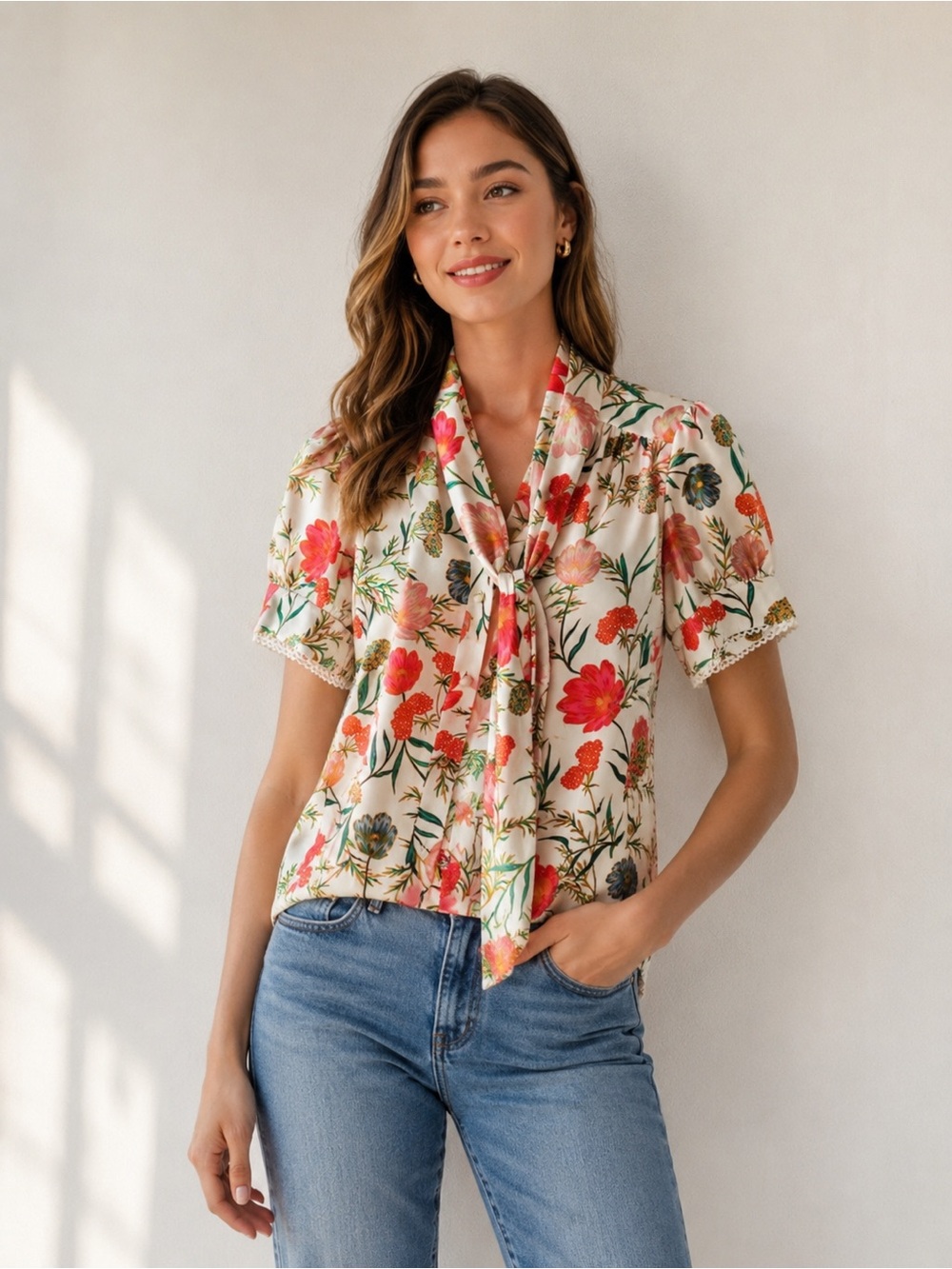 Kate Spade New York Floral Blouse XS | Ivory Multicolor Short Sleeve Top